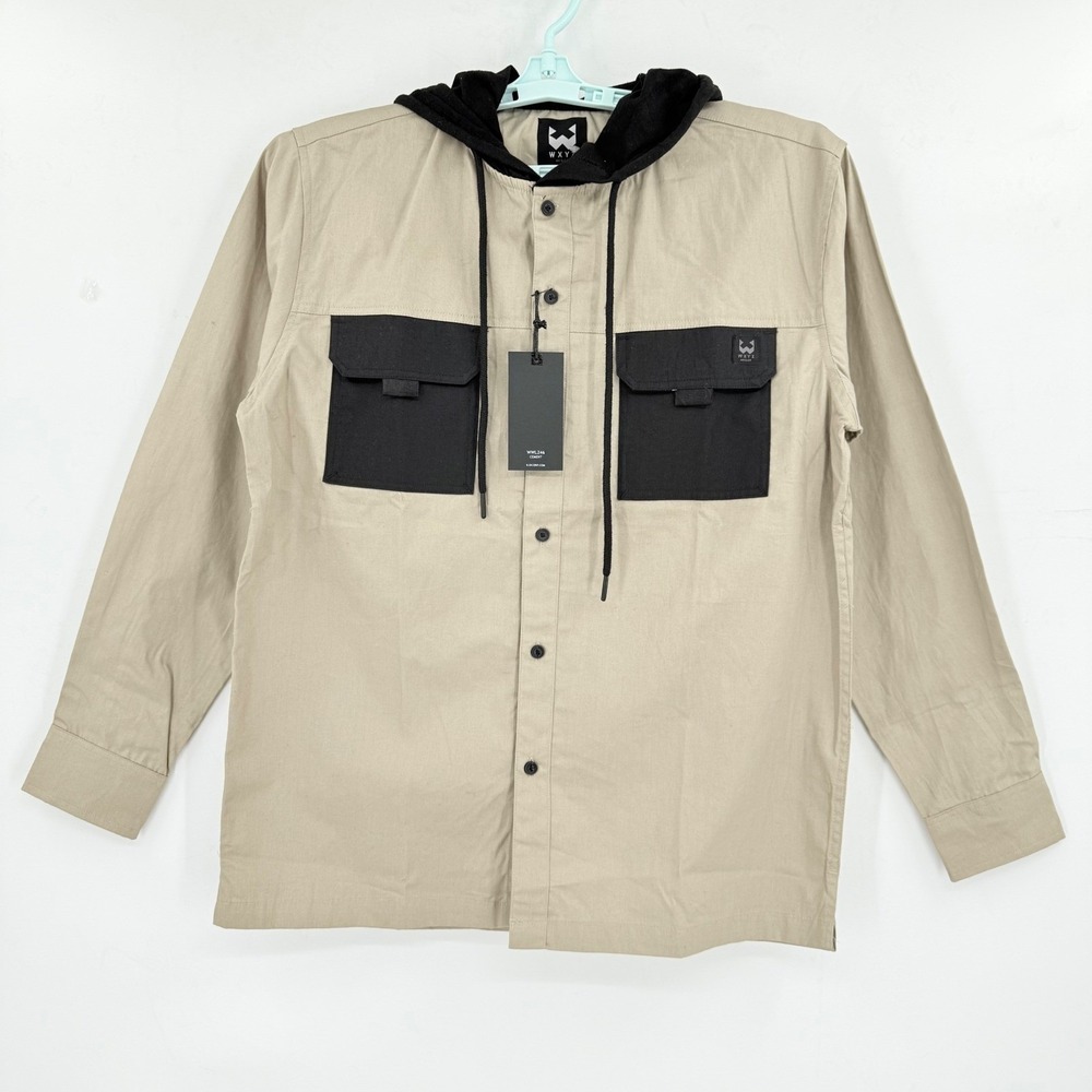 WXYZ Men's Tan Black Pocket Hooded Shirt Sz Medium Long Sleeve Button Front NWT